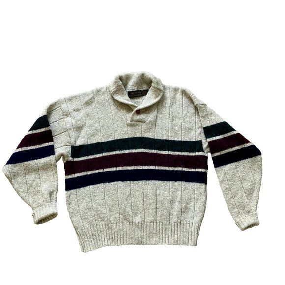 Eddie Bauer Wool Pullover Knit Sweater Shawl Collar Stripe Vintage Made in USA - Picture 1 of 7